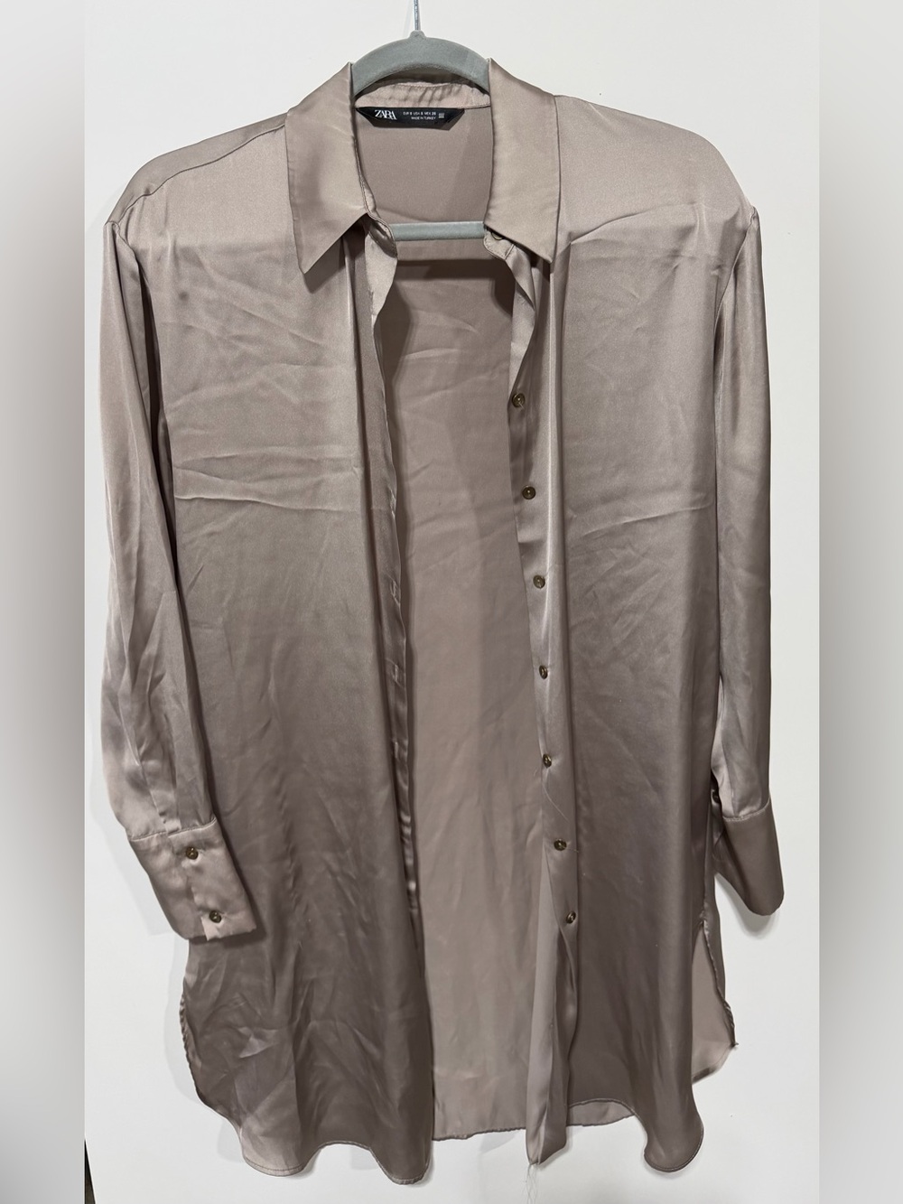 Zara Taupe Satin Longline Women’s Shirt